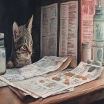 **watercolour painting of a panopticon tabby cat reading the menu at a fried chicken restaurant --ar 16:9 --v 7.0** - Image #2 <@404556944502685697>