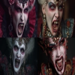 **An outrageously elaborate female vampire, true Nola style. Colorful yet dark and sinister . Detailed photorealistic clarity --ar 16:9** - <@1237753440059527181> (fast)