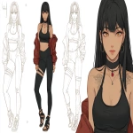 **concept art of female anime character, realistic proportions, attractive influencer type athletic build, long straight black hair, detailed amber anime eyes, athletic shapewear leggings with thigh high sandles and straps, sport jacket over sleeveless black halter top, choker necklace with a small red jewel and emblem, subtle tattoo of a butterfly dragon, two tone shading, professional lineart and character design sheet for animated series, prominent pose, thick thighs save lives --ar 5:3** - Image #2 <@299714843269791752>