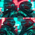 **realistic cyberpunk black female at night in a neon city background, red and turquoise. Strong with light from above, on the face. High contrast. The female is looking towards the camera 3/4 view, she has braids and a side shave, glowing eye cyber gear, glowing ear cyber gear. --ar 9:16 --v 7.0** - Variations (Strong) by <@1174469651695144981> (fast)