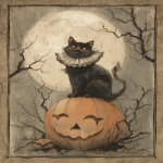 **Illustration in the style of a 1920-1930s lithographed Halloween postcard: a mischievous black cat in a ruffled collar sits atop a glowing jack-o’-lantern, framed by bare, twisting tree branches under a full harvest moon. Muted orange, parchment cream, and midnight-blue palette with soft sepia gradients; subtle film-grain and lightly weathered paper edges evoke antique charm. Composition feels hand-inked and hand-tinted, with gentle chiaroscuro lighting and whispered shadows, capturing the cozy eeriness of classic vintage Halloween art. --ar 4:5 --quality 2 --no modern fonts, no digital artifacts** - Image #3 <@1117617880301830245>