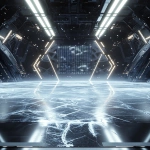 **futuristic sports arena interior, glowing with black, silver and white lights, holographic LED panels stretching across the back wall, fractured ice shard textures embedded in the walls, metallic beams and chrome accents, spotlights shining through thick volumetric fog and icy haze, glossy frozen ice floor with prism reflections and frosty cracks, symmetrical wide cinematic perspective, crisp linear lights adding depth, legendary and immersive high-tech atmosphere, perfect for hockey trading card background --ar 2:3 --q 2 --v 6.1 --raw** - Image #2 <@1007029574430892245>