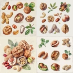 **vintage botanical watercolor illustration of assorted nuts cashew, hazelnut, peanut, pistachio, walnut, almond, and forest nut detailed hand-painted style, subtle aged paper tones, soft natural colors, realistic botanical composition, fine ink outlines, elegant vintage aesthetic, isolated on light background, high resolution, watercolor texture --v 6.0 --ar 1:1** - <@1340003748419731519> (fast)