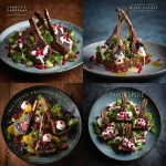**<https://s.mj.run/SSYzXUleE9Q> use this style photography and create a plate of stunning Greek salad with 4 grilled lamb chops styled in a teepee and drizzled with garlic yogurt and pomegranate seeds. Michelin level artistry. Nuanced, polished, textured lifestyle style photo. --v 7.0** - <@1083267046139236443> (fast)