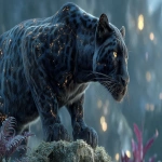 **An ultra-realistic, cinematic portrait of a majestic and powerful black panther character, the vigilant protector of his family. He is standing guard on a moss-covered rock overlooking a valley, his posture calm but intensely alert, muscles defined beneath his fur. In the soft-focused background, his younger sister and mother are visible, resting peacefully. His deep black fur is subtly infused with an intricate pattern of glowing, golden constellations and faint cyan bio-luminescent circuits that seem to pulse with a soft, protective energy. His intelligent eyes have a gentle, golden glow. The scene is set in a mystical, futuristic jungle at twilight, with glowing flora and beautiful bokeh in the background, hyper-detailed, ethereal lighting, shallow depth of field. --ar 16:9 --s 400 --raw** - Image #4 <@1154898485301227621>