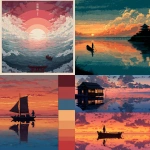 **water horizon with a sunset anime, Chinese modern style, Hayao Miyazaki anime style 3 color limited palette** - <@712864374863429683> (fast)