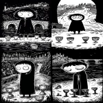 **Five of Cups tarot card by Sarah Andersen. The image is black and white and depicts a mysterious young man in a black cloak standing with their head turned away, looking at the ground. Three cups lying on the ground and two cups stand on the ground on each side of the figure, and a river flows behind them. In the bottom left corner, there is a small stone bridge and a city or castle can be seen in the distant background. all set against a black background, and the overall design is simple yet striking, in the style of Sarah Andersen. --ar 3:5 --v 7.0 --p fllp7es** - <@409716268476923920> (fast)