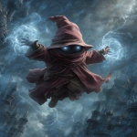 **Oneiroscape Orko from Masters of the Universe, a small mystical sorcerer with a flowing robe, pointy hat, and glowing eyes, hovers in front of Castle Grayskull. Magical energy swirls around his hands, casting luminous runes into the air. Dark fantasy atmosphere, cinematic lighting, epic composition, detailed textures, and highly detailed, hyper-realistic fantasy art --ar 3:4 --s 250 --v 7.0** - Image #1 <@419578677106311168>