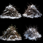 **A pile of scattered tree debris, broken branches, twigs, and leaves, lightly dusted with fresh snow, highly detailed, realistic textures, sharp edges, high contrast, on a solid pure black background, studio lighting, no shadows, photorealistic, 8k resolution --ar 16:9** - <@468248390342279168> (fast)