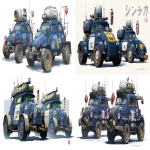 **a dnd style concept art of two feudal japan nuclear powered racing cars made from wood and old iron that inspired by Unimog rally racing cars style, have a radioactive tank with mini nuclear reaction on the roof, have different number in the body, same size but not identical, dark industrial scifi style, labeled as word toughest racing cars, white-navy color and hi-viz yellow racing decals with small white hazard markings, mechanical details, Japanese characters graffiti on the body, realistic look, moody atmosphere, a little bit foggy, signal antennas, various size nobori, a lot lucky charms and some lanterns, have japanese anime stickers and some big racing sponsors decals on the body, signal cabbles, on a white background in the style of Studio Ghibli and Makoto Shinkai, cel-shaded, full-body, cartoon, 2D game art --ar 11:5** - <@1043498067623686144> (fast)