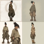 **Layered barnsley fern In the style of Brian Froud, Dofus and Wakfu ; the creature has dark hair pulled into a high, neat bun, with loose strands softly framing the face. They wear oversized, draped tops in muted earth tones that hang loosely over wide, gathered pants. chokers, and large hoop earrings add bold visual detail to the look. Heavy platform boots ground the outfit with a solid, utilitarian feel.** - <@1018138887199129620> (fast)