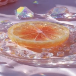 **a highly detailed crystal orange art piece, shaped like a sliced orange made entirely of translucent gemstone, iridescent rainbow reflections, sparkling diamond-like textures, placed on a clear glass plate, surrounded by crystal droplets, soft pastel lighting, dreamy glossy aesthetic, hyper realistic photography, fantasy luxury concept --ar 9:16** - Image #3 <@1240240057374478349>