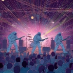 **award-winning concert poster in vibrant blacklist poster coloring, displaying a 4-piece rock band of astronauts jamming on a stage with an insane laser light show illuminating them and a frothing-at-the-mouth audience** - Image #3 <@539290812681551874>