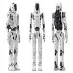 **a humanoid robot similar to the Unitree G1 or the Tesla Optimus. This is an original robot, humanoid in style, with its own unique "face". please show the robot design against a purely white background and provide front side and back angles. the robot should be about 5 feet tall. Realistic photography. Photoreal. --ar 16:9 --v 7.0** - Image #2 <@1081928187845542040>