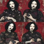 **eerie painting with a color scheme of monochromatic black and white with a pop of Color. The painting uses cross-hatching and palette knife techniques, inspired by analog horror, grunge Polaroids, ukiyo-e and retro Japanese horror. The mood is mysterious and unsettling --exp 50 --stylize 1000 --p djcuvnt --ar 4:5 --v 7.0** - Variations (Strong) by <@948741381743083580> (relaxed)