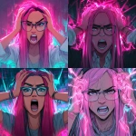 **an angry pink haired girl wearing librarian glasses. She has long straight hair and freckles. She is screaming in frustration pulling her hair with her hands. Neon pink and blue lights. Cyberpunk theme.** - Variations (Strong) by <@233729446534709248> (67%) (fast)** - <@233729446534709248> (fast)