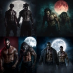 **a vampire and werewolf / in the form of two full body handsome vascular masculine men / exhibiting savage rapacious hunger / for human life spirit / brightly illuminated by / a brilliant full moon in a nighttime sky / full length view --no women, girls, females --s 50** - <@1080572898269466724> (fast)