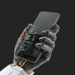 **iphone17, straight on, held by robot hand made of coding lines --v 7.0** - Image #3 <@1048326817838280714>