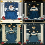 **The High Priestess tarot card, 20th century illustration, flat color, simple design, full body portrait of the woman sitting between two pillars holding an open book with three letters "B J S". She is wearing blue robes and has her hair in buns on top of each other she wears white crown. The background features pomegranates, suns, moons, stars, clouds, moonbeams, fireflies, --ar 3:5** - <@409716268476923920> (fast)