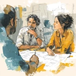**a group of designers at a table discussing a set of plans, for a graphic for a PowerPoint, more stylistic than photo realistic, image of a Hispanic man and white woman, discussing plans on a table --v 7.0** - Image #2 <@425885932529647627>