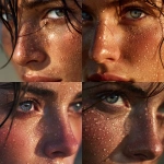 **Extreme macro photography, 100mm prime macro lens, close-up of a woman's face on a beach. Ultra-realistic skin texture with visible irregular pores, microscopic blemishes, and sharp focus on fine vellus hair (peach fuzz) caught in the side light. The skin is covered in glistening beaded sweat and saltwater droplets that show accurate refraction and cast tiny shadows. A natural oily sheen connects the droplets. Subsurface scattering reveals subtle blue veins and reddish skin tones. Soft golden hour diffused lighting, natural organic shadows, no plastic shine. Shallow depth of field, raw photo style, 8k.** - <@653915457308459009> (fast)
-# Create, explore, and organize on [midjourney.com](<https://midjourney.com/imagine?from_discord=1>)