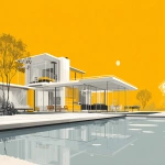 **A styalized graphic representation of modern attributes of Open floor plans eliminating unnecessary walls Large windows connecting inside/outside Flat roofs and clean geometric forms Industrial materials: steel, concrete, glass Minimal ornamentation Standardized, repeatable solutions. --ar 4:3** - Image #2 <@794327127260266516>
