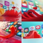 **Hyper-realistic digital composition showing a red growth curve rising steeply in the foreground, symbolizing rapid success and engagement. In the background, clearly visible and evenly spaced, are the official logos of major social media platforms: Facebook, TikTok, Instagram, Pinterest, and YouTube. The background is bright and minimalistic, with the logos appearing in clean, high-resolution detail. The red curve is bold and glossy, drawing the viewer’s focus forward. Natural lighting, high definition, modern tech-style design. --ar 9:16 --v 6.1** - <@1277569890588557353> (fast)
