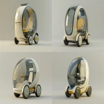 **futuristic compact electric capsule scooter, short and upright body like a standing scooter, enclosed cockpit with transparent glass all around, one front wheel and two rear wheels clearly visible, minimalist design, solar panel on top, soft matte body in beige, blue, and yellow variants, designed for one seated passenger, lightweight, urban personal mobility vehicle, 3/4 view on neutral background --ar 3:2 --v 6.0 --raw** - Variations (Strong) by <@361336964084924446> (fast)