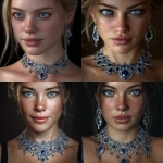 **an amazing necklace of diamonds and sapphires worn by a beautiful young woman with large blue eyes and a slight smile playing on her lips. Ultra realistic, highly detailed and photographic image. HD** - <@1327691479602298971> (fast, stealth)