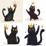 **A black cat is kicking an oversized golden paper-cut crown, in a simple, cartoon-style illustration on a white background. The vector graphic features a full-body portrait of the chubby, fluffy feline, with its black fur and yellow eyes. The cat's left paw holds the crown up in mid-air, while its right foot gently touches it with one finger, in a cute, front-facing pose. The illustration has a flat, minimalist style with simple lines and color blocks. --ar 4:3 --v 6.0 --s 250** - <@756269320539209761> (fast)