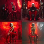 **sia sitting on a stol with red latex pants and a mandalorian helmet on. Ther is red neon lights behind her** - <@785482556321693726> (fast)
