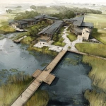 **Campus design from drone perspective of a technical high school along a marsh with boardwalks which access viewing platforms. Design the buildings in the style of lake flato architects** - Image #3 <@1182158818818400348>