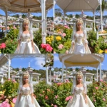 **a 1980’s Barbie doll in a wedding gown of satin and chiffon. The dress is mermaid style. The veil is simple and feminine. In the background is a beautiful gazebo. Ultra realistic, highly detailed, photorealistic. HD --v 7.0** - Zoom Out by <@1327691479602298971> (relaxed, stealth)