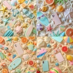 **flat lay summer scene with pastel beach accessories scattered on sand background, include sunglasses, starfish, tropical fruits, beach ball, mini surfboards, ice lollies and seashells, with stylized phone cases tucked into the layout, cute and minimalistic design, bright pastel color palette, high resolution, soft shadows and natural light, styled like a Vogue magazine editorial product shoot --ar 1:1 --v 6.0** - <@795589902590148668> (fast)