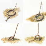 **A rope trap that looks like a whimsical, simple lasso sits partially hidden on sparse grass on a white background. the end of the rope leads out of sight. Watercolor, fading into white. Simple, vibrant colors.** - Remix (Strong) by <@201527347642499072> (fast)