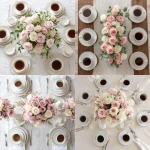 **simple, yet elegant tabletop, view is looking down on it, elegant ivory linen tablecloth, centerpiece of pink and white roses, six (6) steaming coffee cups symmetrically placed at each of the six (6) table settings** - <@1141845422852280493> (turbo)