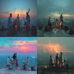**Harlem Renaissance glitch art tribute: rooftop jazz trio at dusk, instruments glowing through corrupted digital overlays, broken signal waves fragmenting the city skyline, visual harmony through dissonance. Cinematic glitch effect, symbolic modern tribute --ar 16:9 --stylize 200 --v 7.0 --raw** - <@933216386669506640> (relaxed)