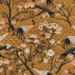 **Seamless repeat textile fabric design, inspired by a vintage embroidered silk quilted jacket, depicting cranes and flowering branches with dense floral fields. Motifs appear as if stitched into the fabric using satin stitch, couching, and French knot techniques, with softly raised, padded thread texture and refined dimensionality. Background resembles woven silk or linen ground, matte and warm. Color palette mirrors antique embroidery: muted mustard gold, blush pink, dusty rose, moss green, ivory, charcoal, and soft black. Composition is rich but balanced, with continuous floral coverage and flowing bird motifs, designed as luxury embroidered yardage rather than a finished garment. Museum-quality textile, heirloom sophistication, flat lay fabric view, no jacket shape, no seams, no garment construction, seamless repeat, ultra high resolution --tile --ar 1:1 --v 6.0 --no jacket, coat, kimono, sleeves, hanger, garment, mannequin, fashion photography, model, photorealism, costume, novelty, cartoon, illustration, watercolor, oil painting, digital brushstrokes --raw** - Image #3 <@1054266890899443812>