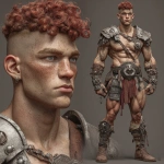 **Character design sheet. Realistic 3d rendering. Character design sheet of a ruggedly handsome, Hyper muscular handsome half orc, bodybuilder, bright silver eyes, short curly red Mohawk, short pointed ears, defined muscles, Huge leg muscles, huge pectoral muscles, big arm muscles, vascular hyper muscular, wide Grecian nose, strong square jaw, defined cheek bones, masculine features, freckles, Bodybuilder, short pointed ears, wearing Roman gladiator armor. --v 7.0** - Image #4 <@1222981214734913607>