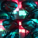 **realistic cyberpunk black female, at night, with neon lights in the background, red and turquoise. Strong light from above, on the face. High contrast. The female is looking towards the camera 3/4 view, she has braids, glowing eye cyber gear and an ear piece --ar 9:16** - Variations (Strong) by <@1174469651695144981> (fast)