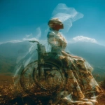 **Cosmography diaphanous double exposure featuring an avant-garde wheelchair disability accessible couture double exposure over a spellbinding natural landscape wind blowing wistfully --ar 4:5** - Image #2 <@948741381743083580>
