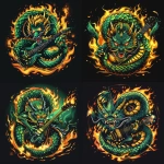 **A fierce, aggressive dragon mascot with a guiter into its coils in a bold, modern design going round a guitar, with sharp features and intense glowing eyes.The dragon has intricate green and gold scales, a spiked tail, and flames surrounding it. The composition is dynamic, showcasing the dragon coiled around a large, glowing sports emblem with bold text integrated into the design. Strong contrast and a vibrant, clean, minimal background suitable for a team logo. Stylized, professional sports logo, 2D art, sharp details, and bold colors --v 6.0 --style raw** - Variations (Strong) by <@889613382943133717> (fast)