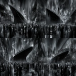 **Abstract realistic wide angle cinematic shot of the ghost of the Titanic, trapped in a labyrinth of time and space of a belle epoque, emerges from the kingdom of mirrors. Multidimensional reflections of the Titanic ship. Echoes of epochal events in the shadows of the City of the Future. Crowds of people from different historical eras witness the miraculous reappearance of the Titanic from the memories of the past. --chaos 5 --ar 2:1 --sref <https://s.mj.run/W85CeiVpeS4> --profile xu8uv7x --v 7.0** - Variations (Strong) by <@1278704364331995191> (fast)
