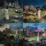 **The painting of a woman standing in a long dress in the evening in a meadow with the ruins of a church, surrounded by broken walls, an old burning car, an old armchair, as if moving, was painted by Jenny Saville.** - <@1106776019475636345> (fast)