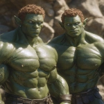 **Realistic 3d rendering. Full body portrait of two characters. ruggedly handsome, Hyper muscular handsome twin green skinned orcs, bright silver eyes, short curly redred hair, short pointed ears, defined muscles, pronounced features, hyper muscular, wide Grecian nose, strong square jaw, defined cheek bones, masculine features, freckles. Bodybuilder. wearing a tight short leather skirt. His oiled skin glistens under intense studio lighting. A strong camera flash highlights the shine on his muscles, creating bright reflections on his body, arms, and thighs. Retro fitness photography style, slightly exaggerated lighting contrast, 90s magazine aesthetic, center-framed, studio portrait shot. Standing and posing in a sunny rocky field. --ar 5:6** - Image #3 <@1222981214734913607>