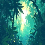 **flat cel-shaded style with bold clean linework, minimal jungle landscape, trees on both sides, leaves blocking out the sky, bits of light shining through, vines on trees, dense green foliage, natural pathway in the middle, loop animation friendly --ar 16:9 --niji 6** - Image #2 <@257221362568003584>