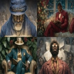 **Ernie Barnes art at Christmas, reading the Urantia Book, 8k, --chaos 99 --ar 8:5 --exp 50 --stylize 750 --v 7.0** - <@843177938186797076> (fast)