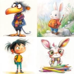 **character design, in style of children's book illustration with colored pencils painting --raw --v 6.1** - <@1202719359680774145> (fast)