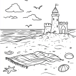 **A simple coloring page for children of A beach scene with a sandcastle, a blanket spread out on the shore, and a ball. A coloring page for kids with crisp lines and a white background, in a simple style with a black outline only. for a simple black and white coloring page, line art, thick lines, easy to color. no shading lavender** - Image #3 <@1201148944726638674>