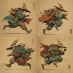 **male goliath monk, wearing a cloak and wizard hat, running, in old japanese art style** - Variations (Strong) by <@324026080451100683> (fast)